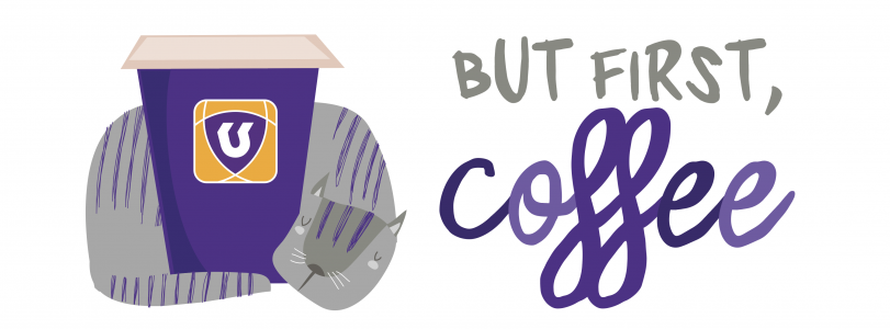 cat curled around coffee cup, text says "but first, coffee"