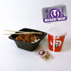 Orange chicken bowl with rice, a beverage and a fortune cookie on a white background