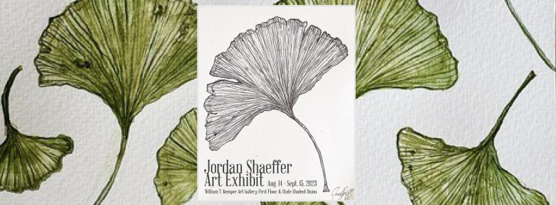 A white background with Ginkgo Bilboa leaves with a white poster in the middle displaying the artist name and exhibit