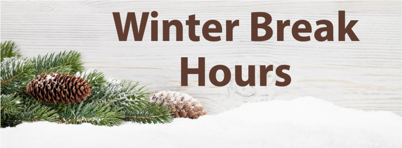 A pale wood-textured background with snow, a pine tree branch and the text "Winter Break Hours."
